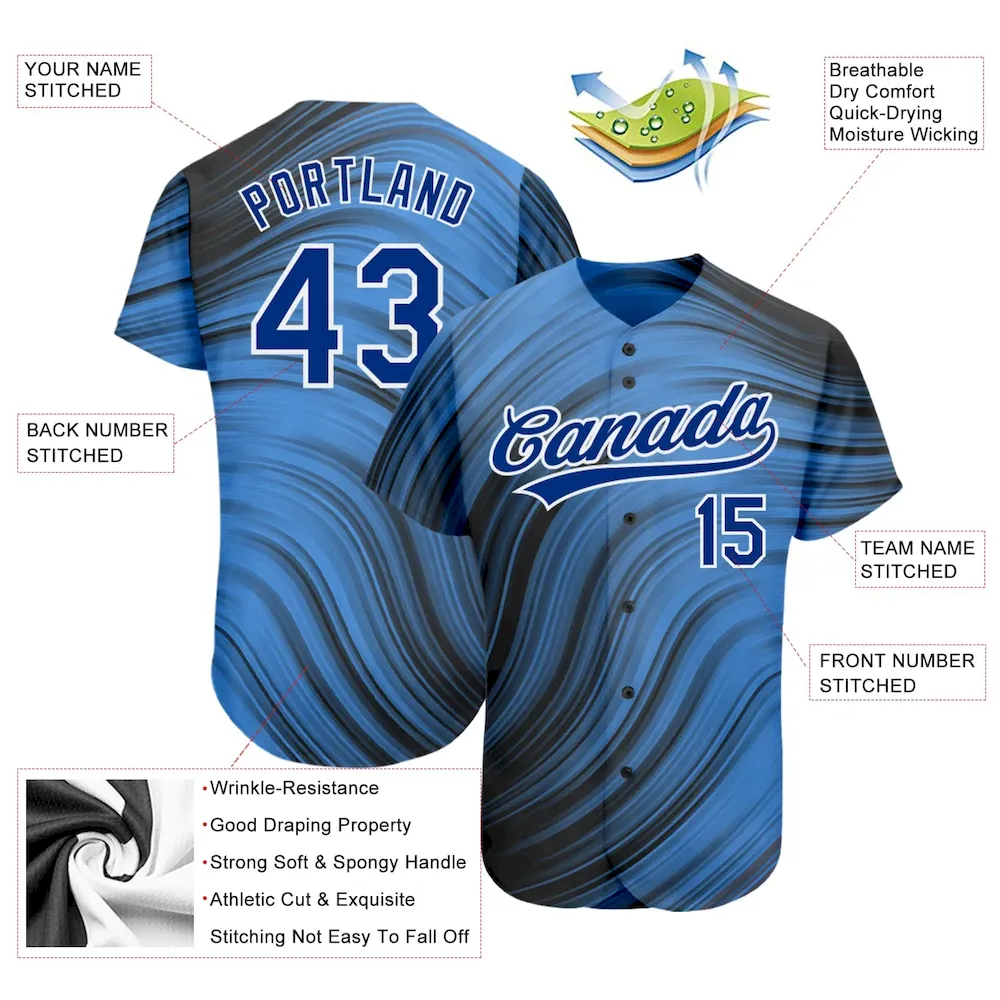 Custom Light Blue Royal-Black 3D Pattern Design Authentic Baseball Jersey - Image 3
