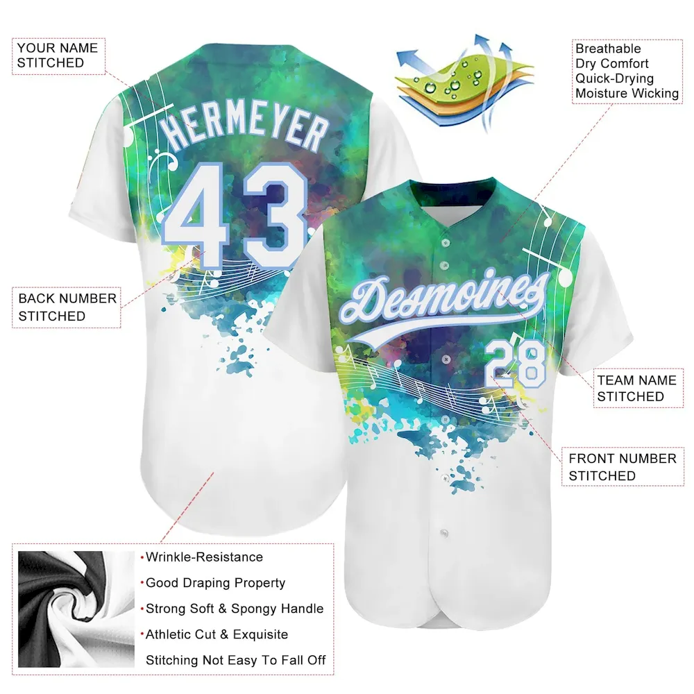 Custom White Light Blue 3D Pattern Design Music Festival Abstract Colorful Music Grunge Style Authentic Baseball Jersey - Image 3