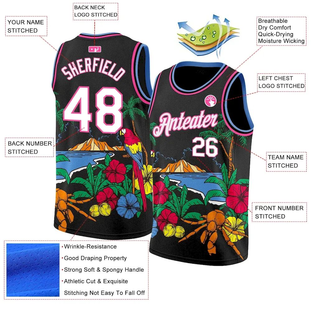 Custom Black White Pink-Light Blue 3D Pattern Tropical Beach Hawaii Palm Trees Authentic Basketball Jersey - Image 3
