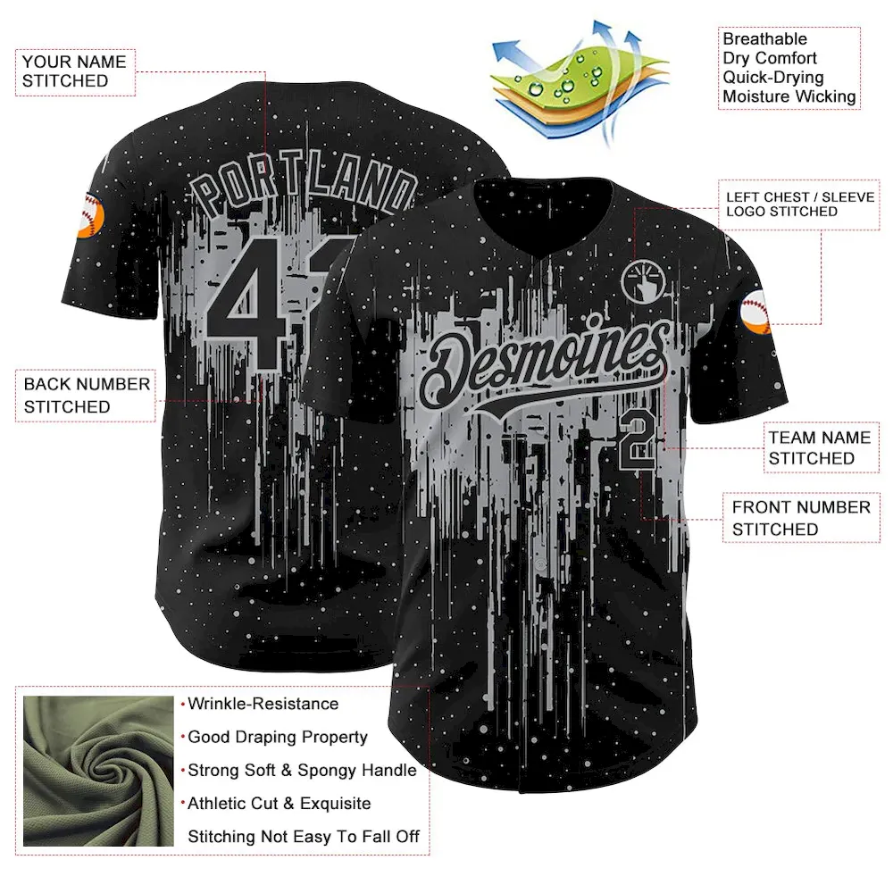 Custom Black Gray 3D Pattern Design Dripping Splatter Art Authentic Baseball Jersey - Image 3