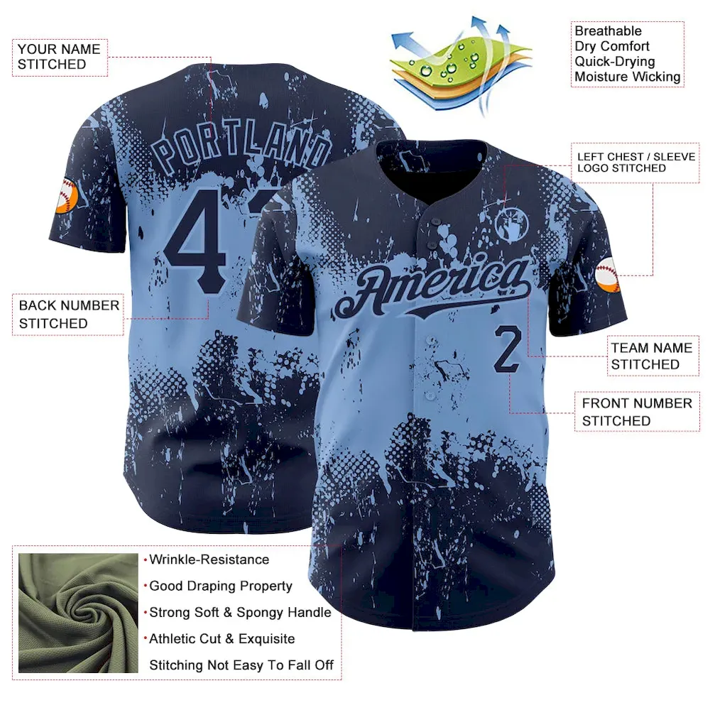 Custom Navy Light Blue 3D Pattern Design Abstract Splatter Grunge Art Authentic Baseball Jersey - Image 3