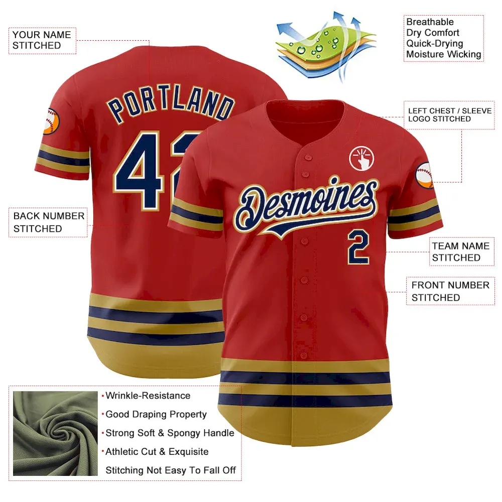 Custom Red Navy-Old Gold Line Authentic Baseball Jersey - Image 3