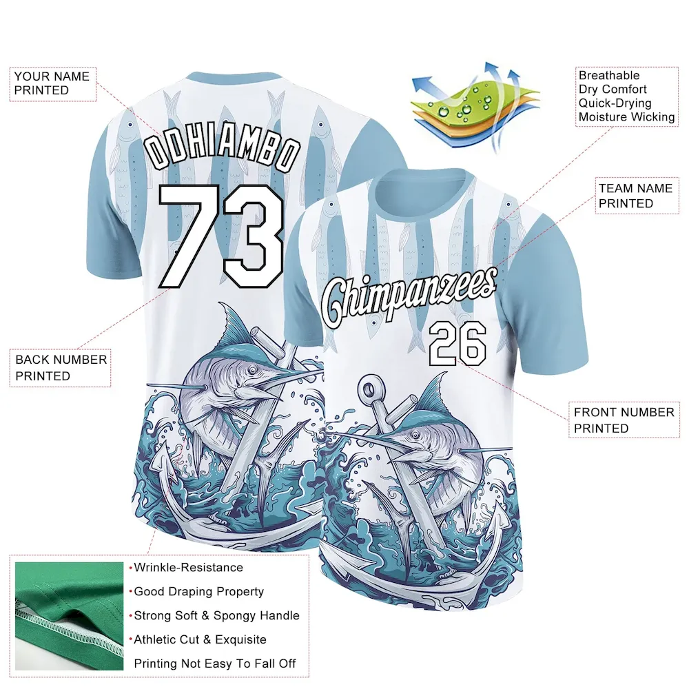 Custom White Black-Panther Blue 3D Pattern Design Marlin Fish Fishing Performance T-Shirt - Image 3