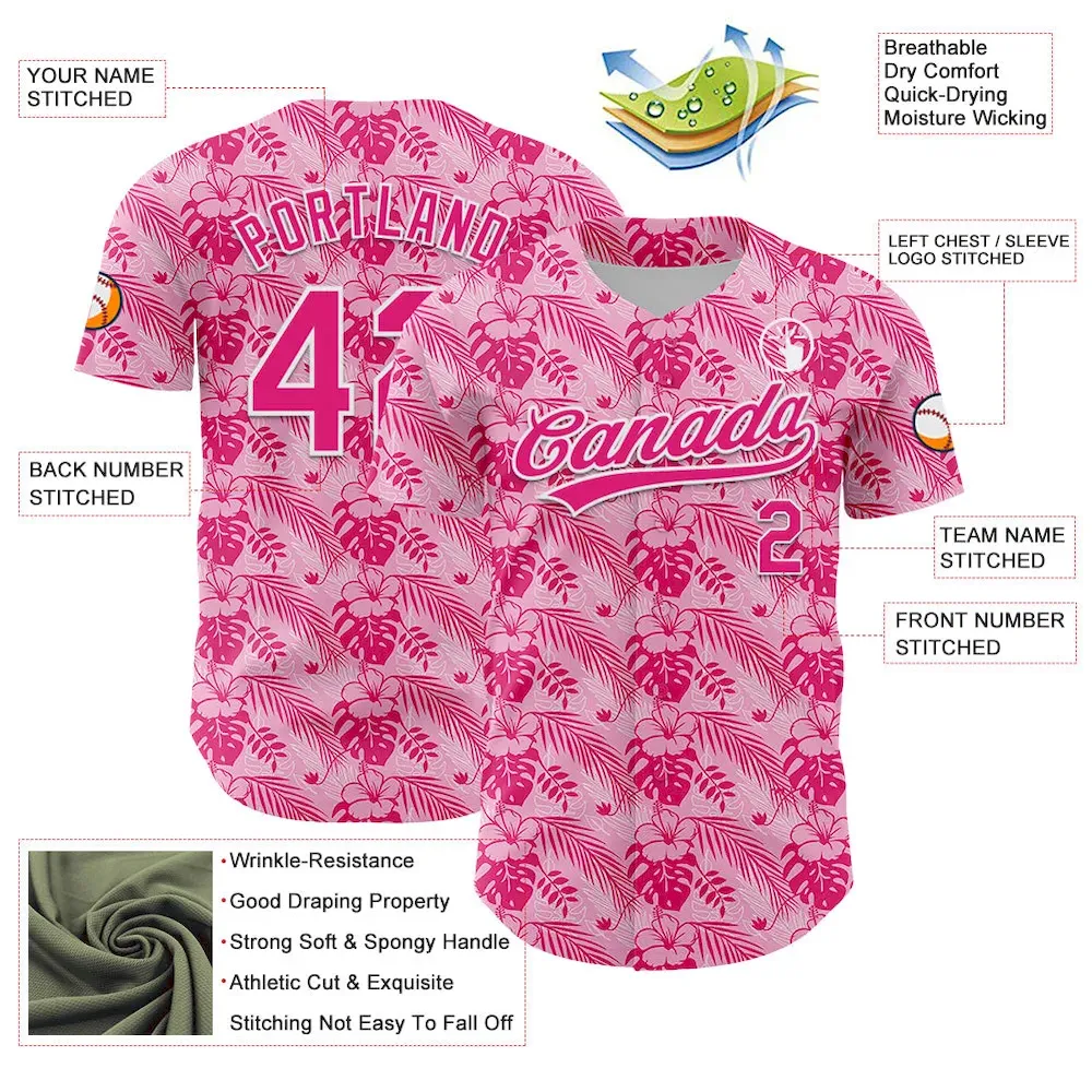 Custom Hot Pink White 3D Tropical Hawaii Jungle Leaves And Flower Authentic Baseball Jersey - Image 3