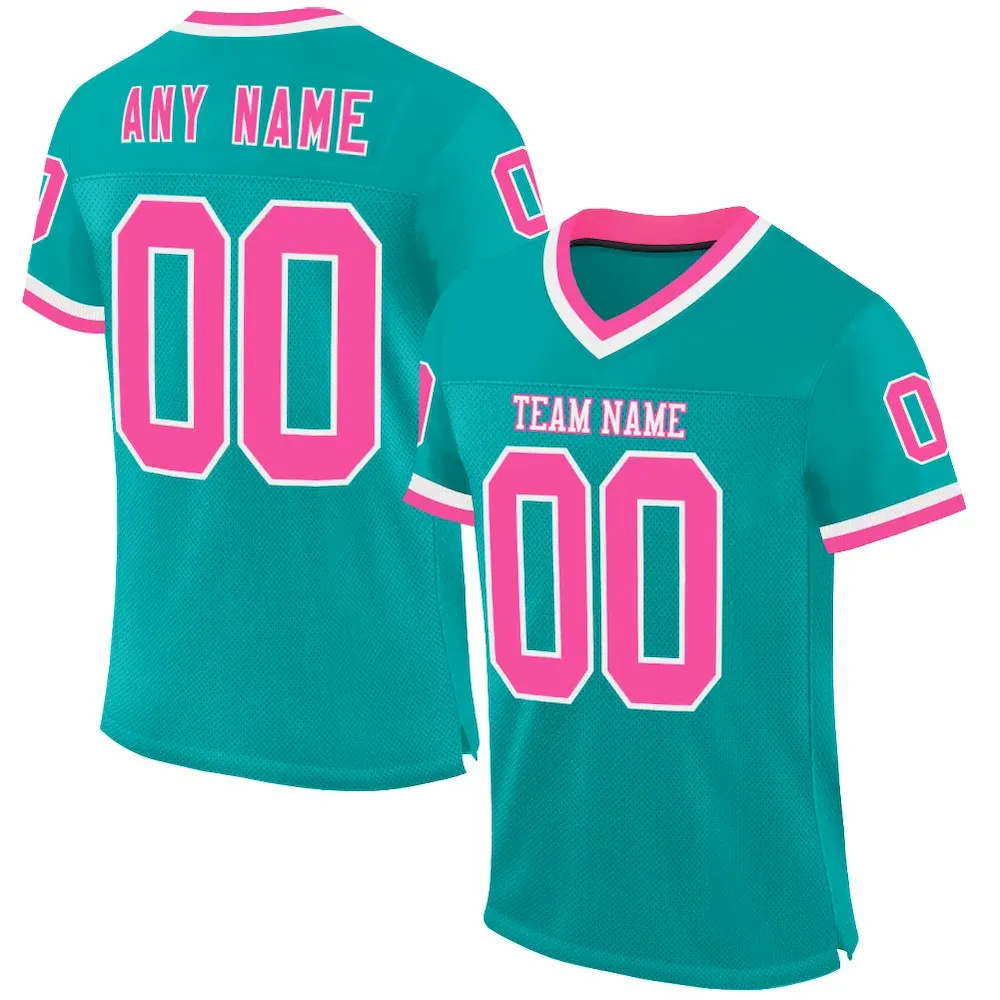 Custom Aqua Pink-White Mesh Authentic Throwback Football Jersey