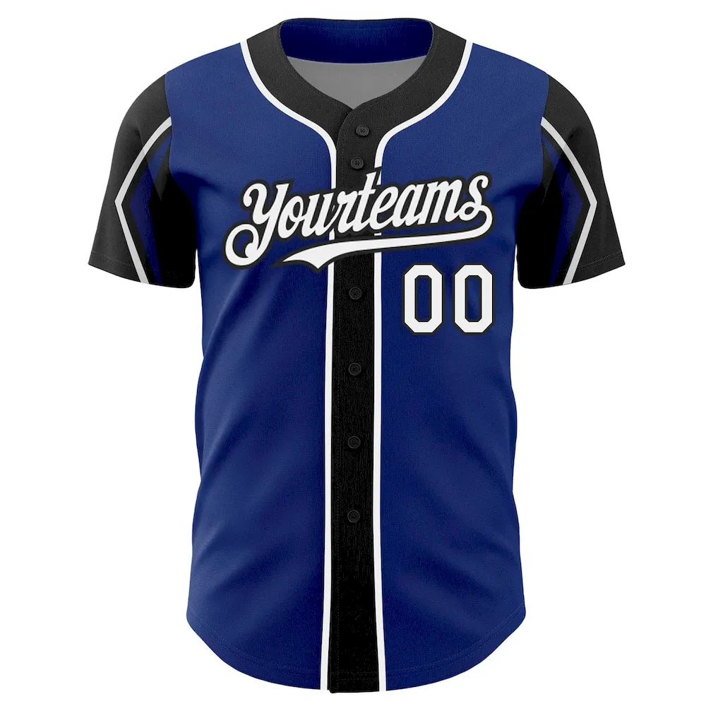 Custom Royal White-Black 3 Colors Arm Shapes Authentic Baseball Jersey - Image 3