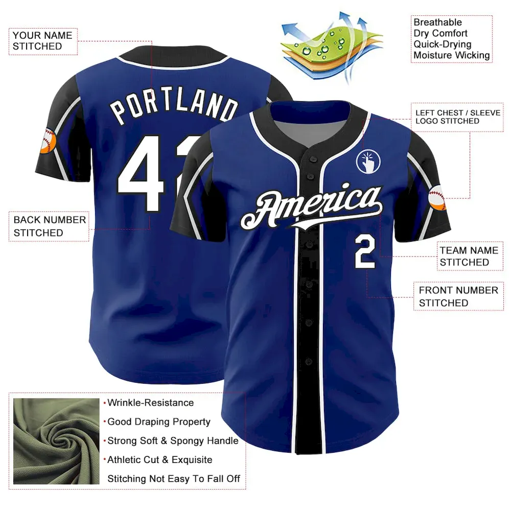 Custom Royal White-Black 3 Colors Arm Shapes Authentic Baseball Jersey - Image 4