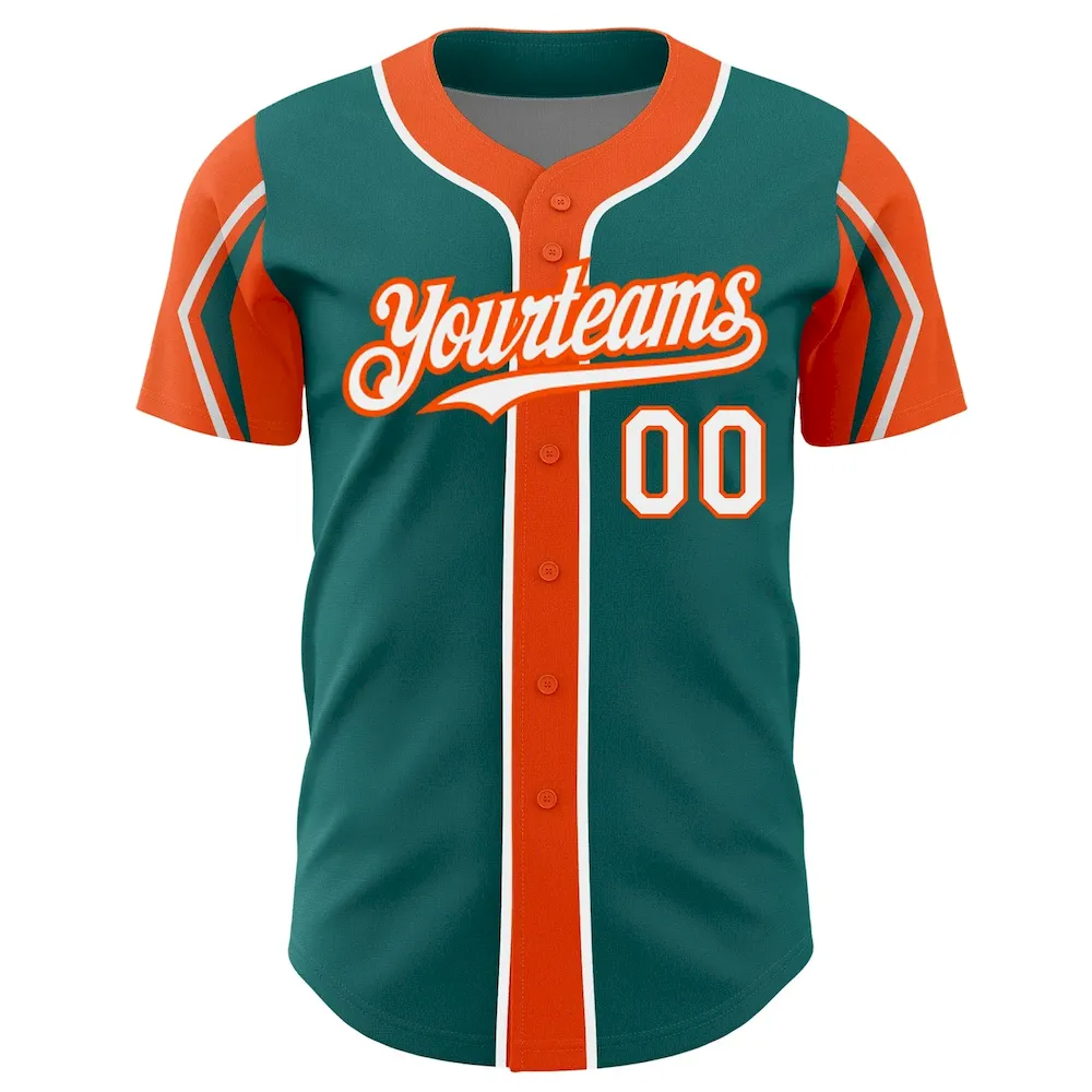 Custom Teal White-Orange 3 Colors Arm Shapes Authentic Baseball Jersey - Image 3
