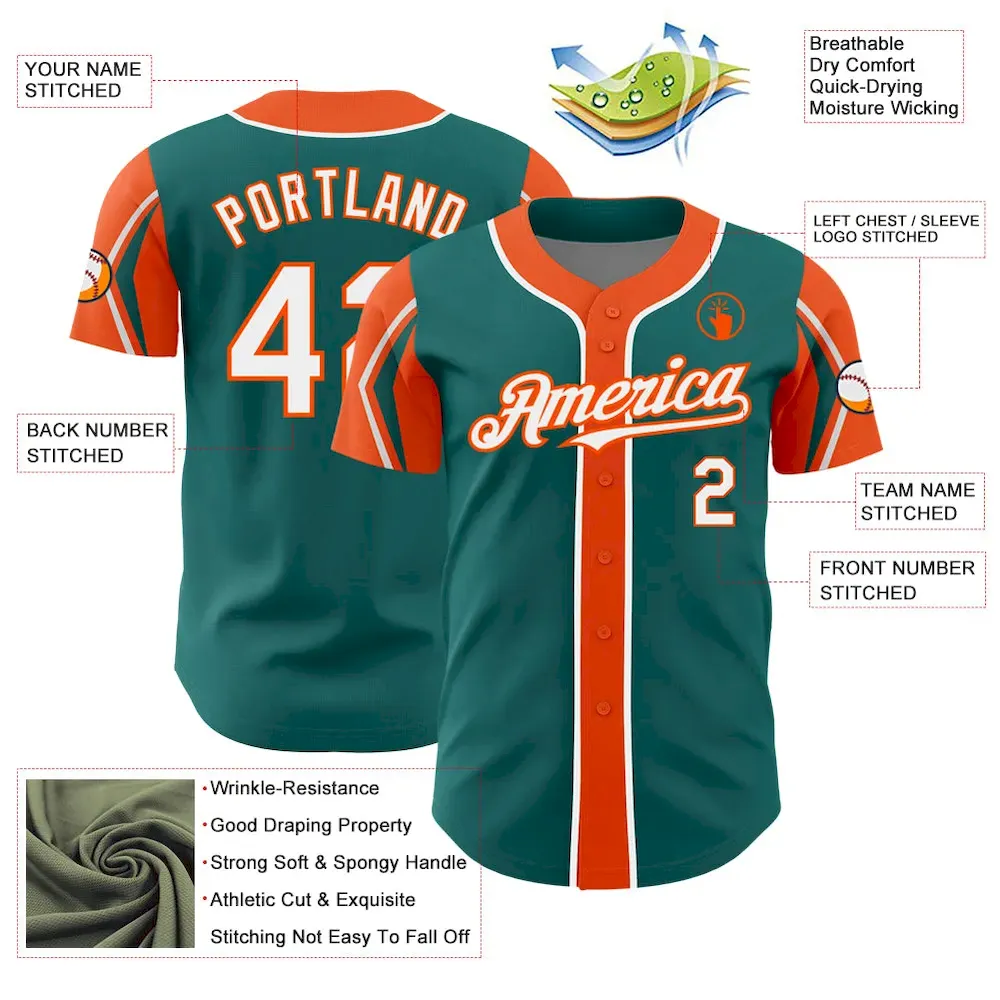 Custom Teal White-Orange 3 Colors Arm Shapes Authentic Baseball Jersey - Image 4