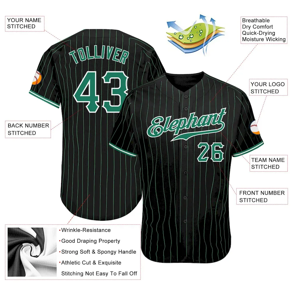 Custom Black Kelly Green Pinstripe Kelly Green-White Authentic Baseball Jersey - Image 3