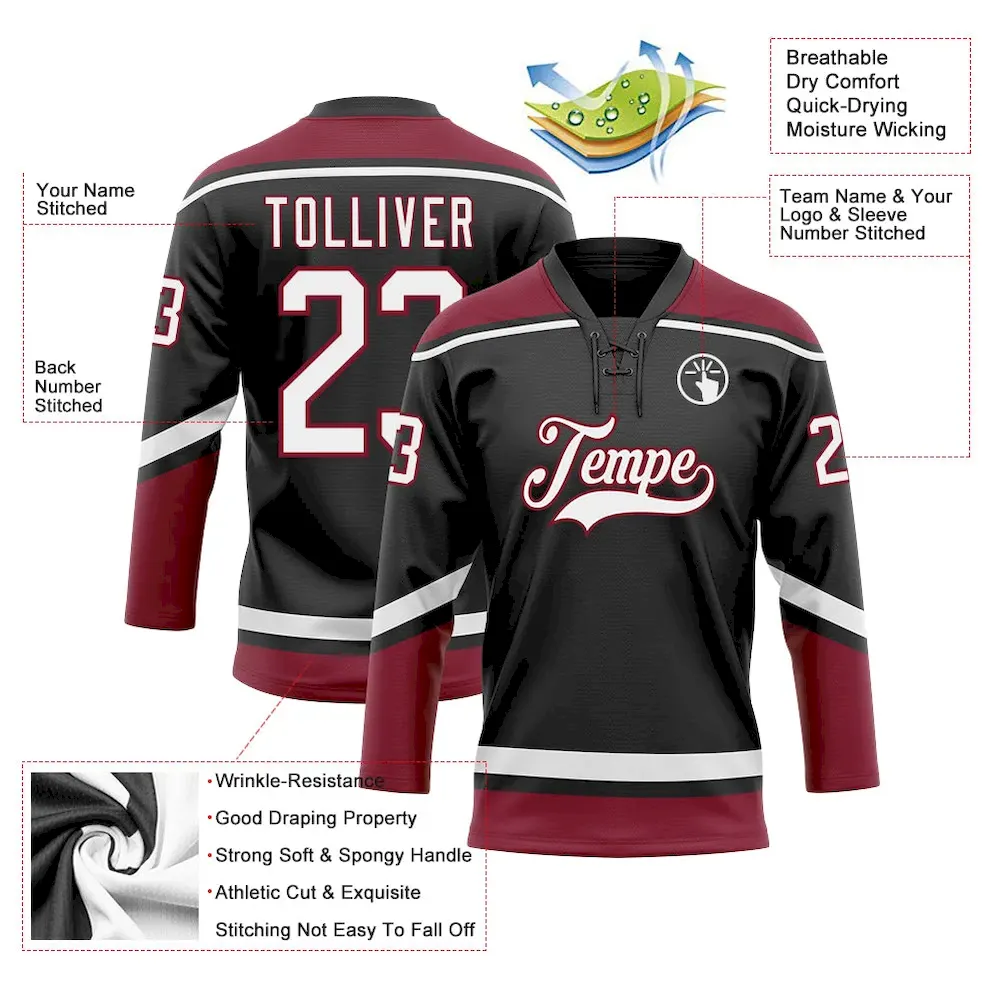 Custom Black White-Crimson Hockey Lace Neck Jersey - Image 3