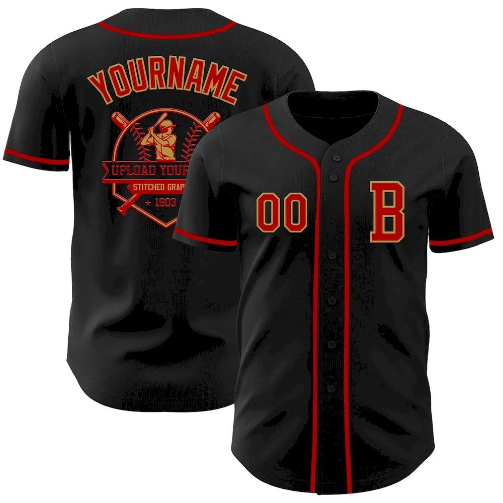 Custom Black Red-Old Gold Authentic Baseball Jersey - Image 5