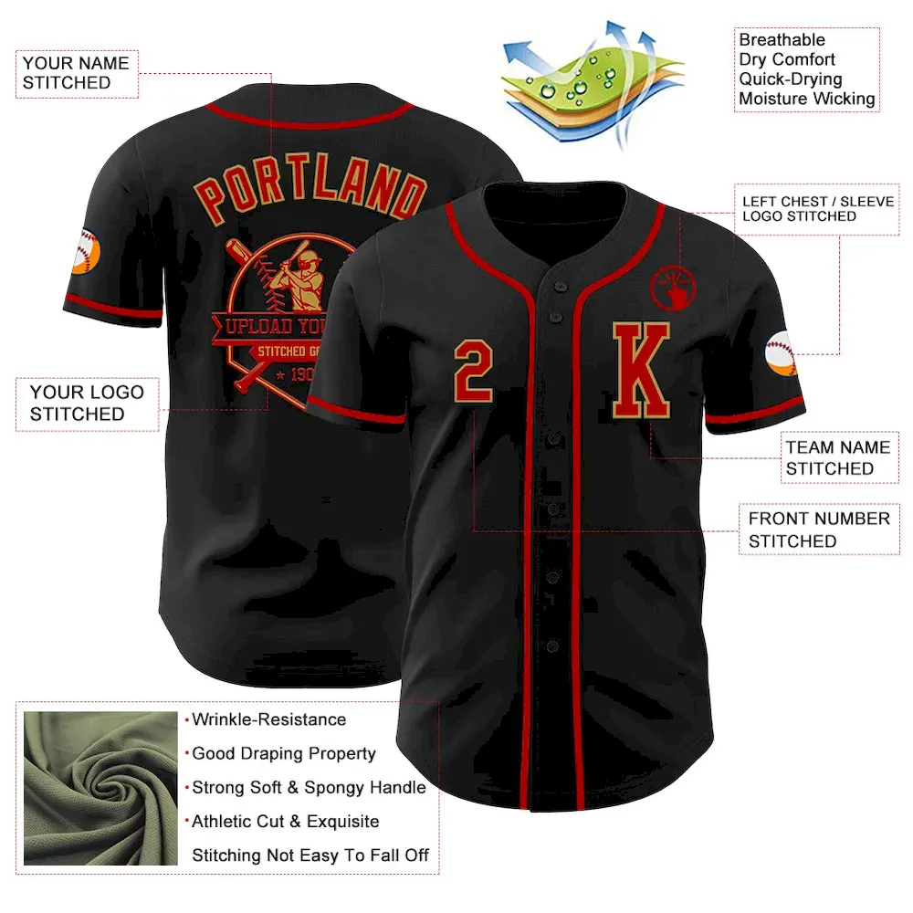 Custom Black Red-Old Gold Authentic Baseball Jersey - Image 6