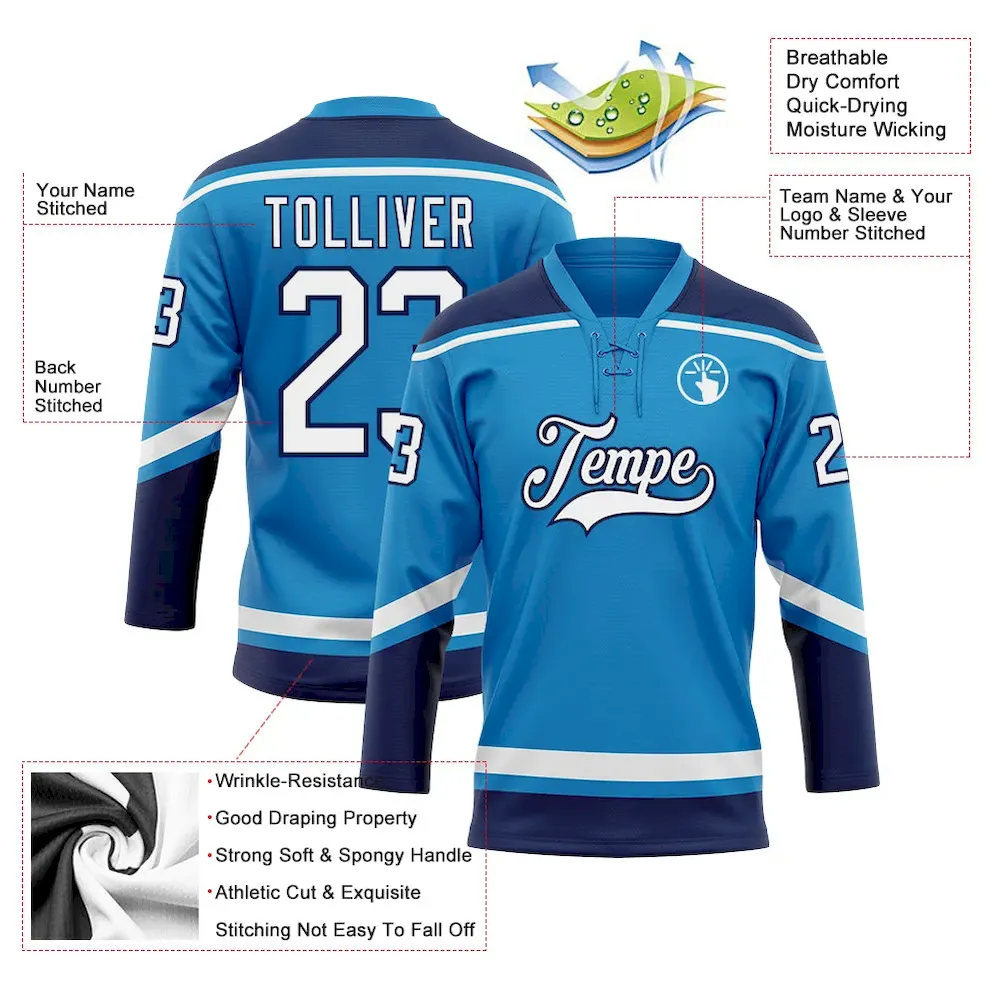 Custom Blue White-Navy Hockey Lace Neck Jersey - Image 3
