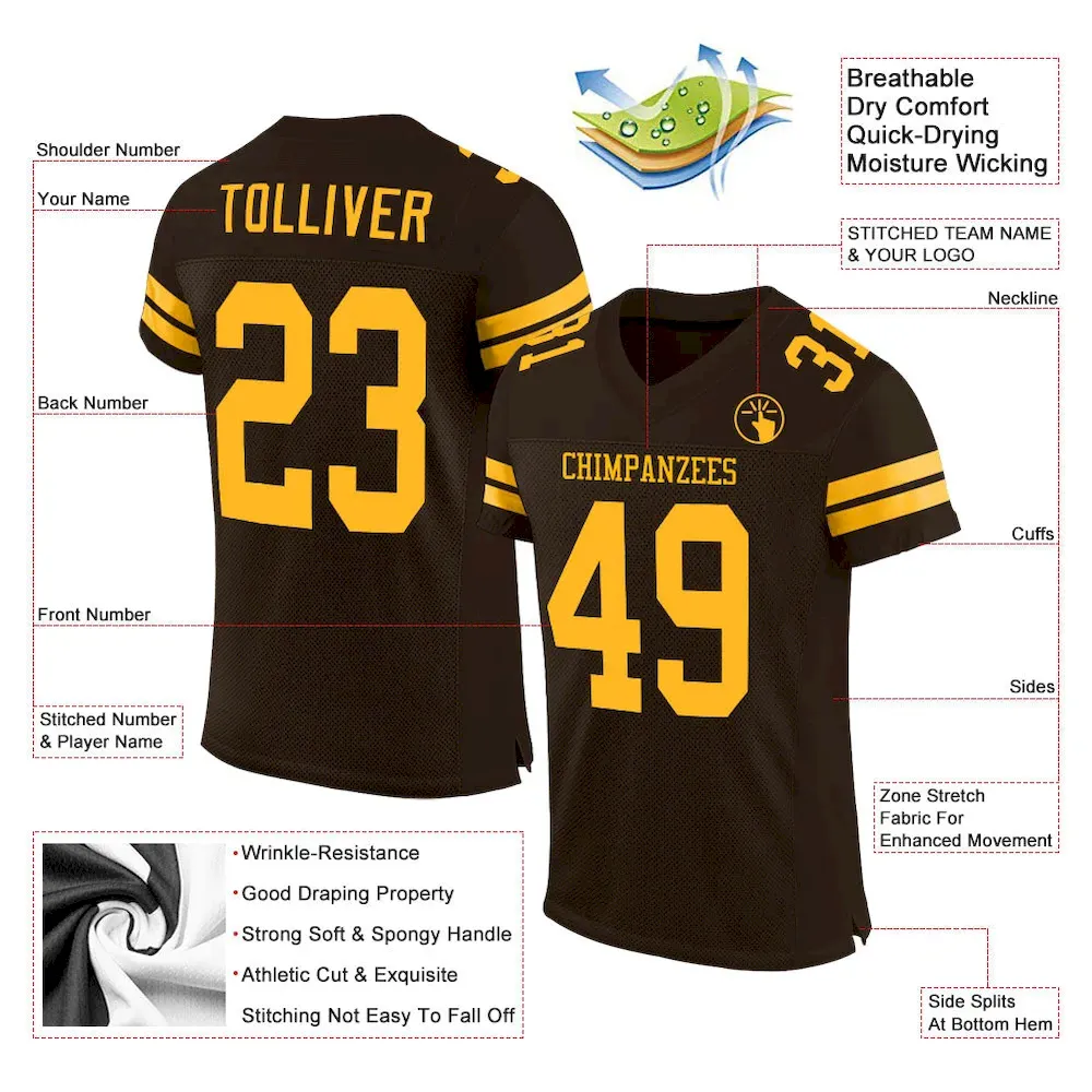 Custom Brown Gold Mesh Authentic Football Jersey - Image 3