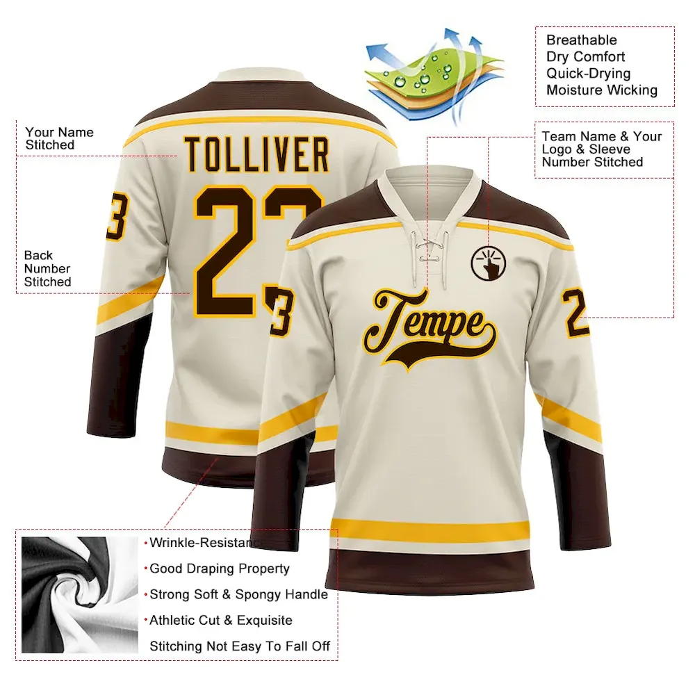 Custom Cream Brown-Gold Hockey Lace Neck Jersey - Image 3