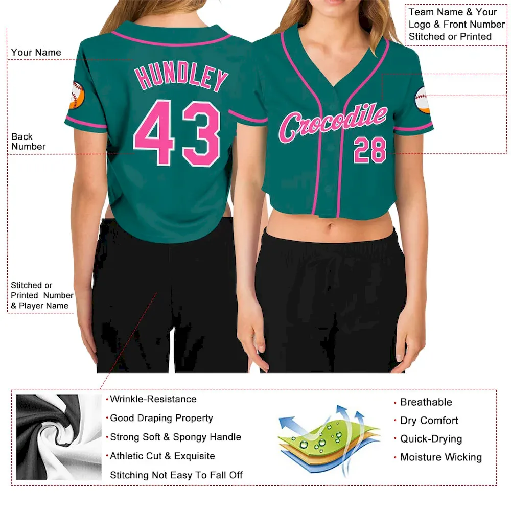 Custom Women's Aqua Pink-White V-Neck Cropped Baseball Jersey - Image 3