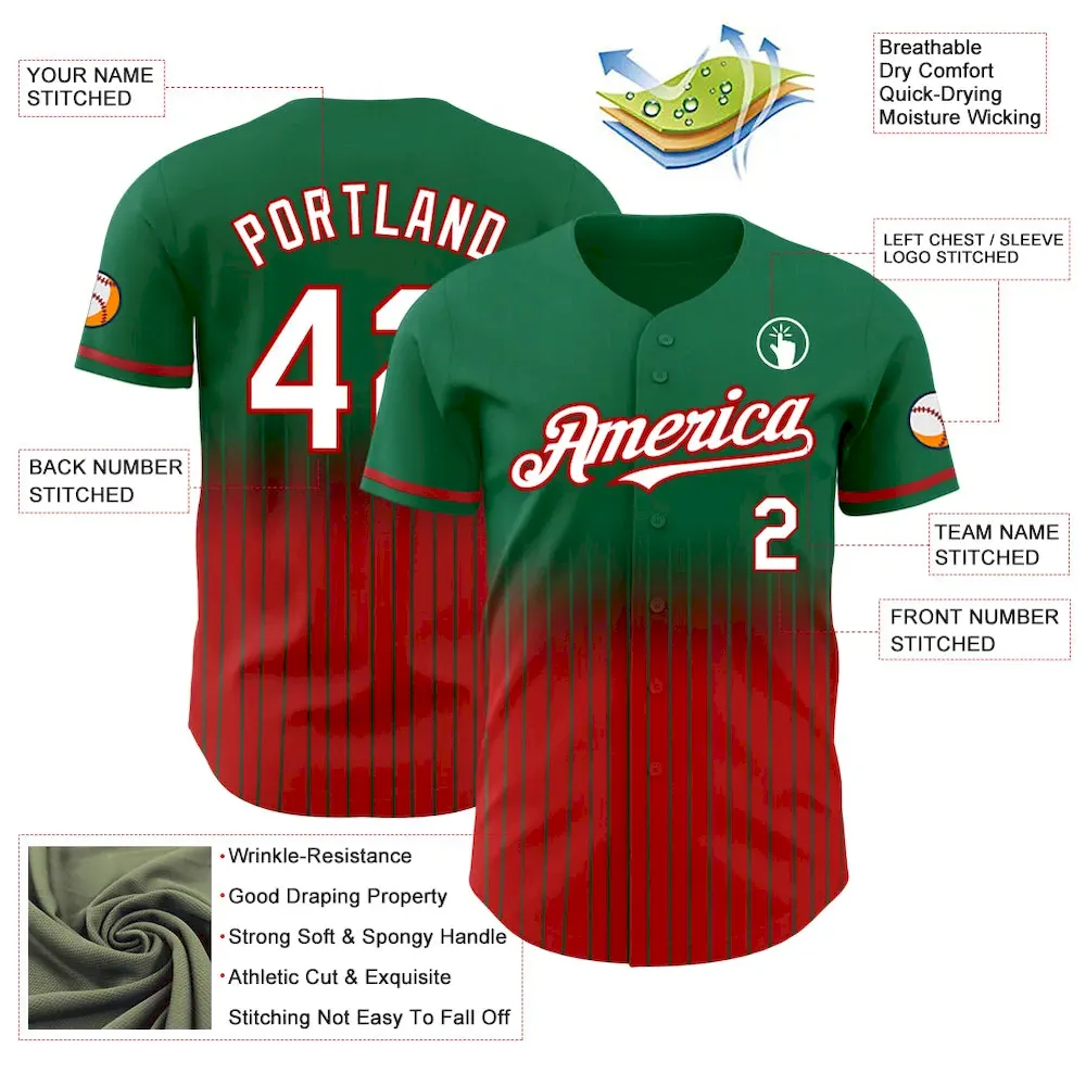 Custom Kelly Green Pinstripe White-Red Authentic Fade Fashion Baseball Jersey - Image 4