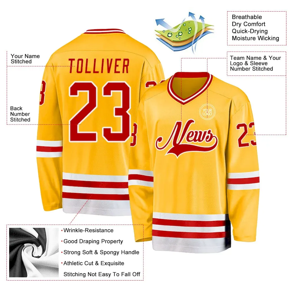 Custom Gold Red-White Hockey Jersey - Image 3