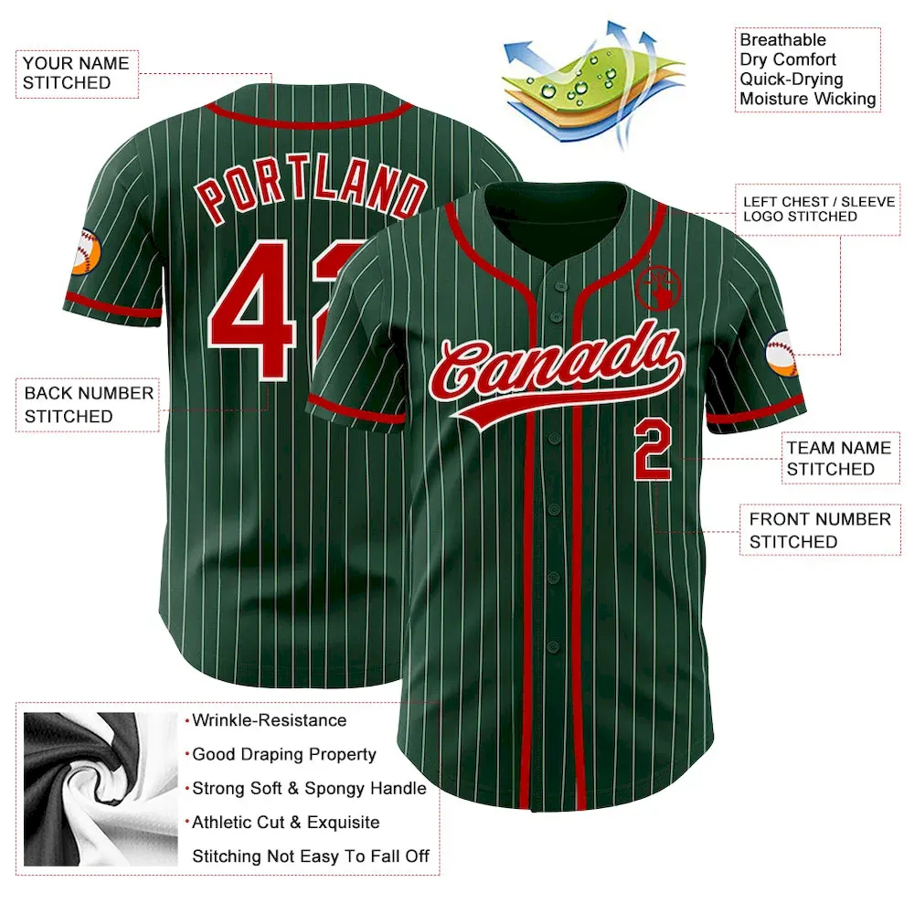 Custom Green White Pinstripe Red Authentic Baseball Jersey - Image 3