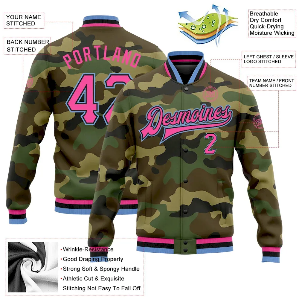 Custom Camo Pink Black-Light Blue Bomber Full-Snap Varsity Letterman Salute To Service Jacket - Image 3