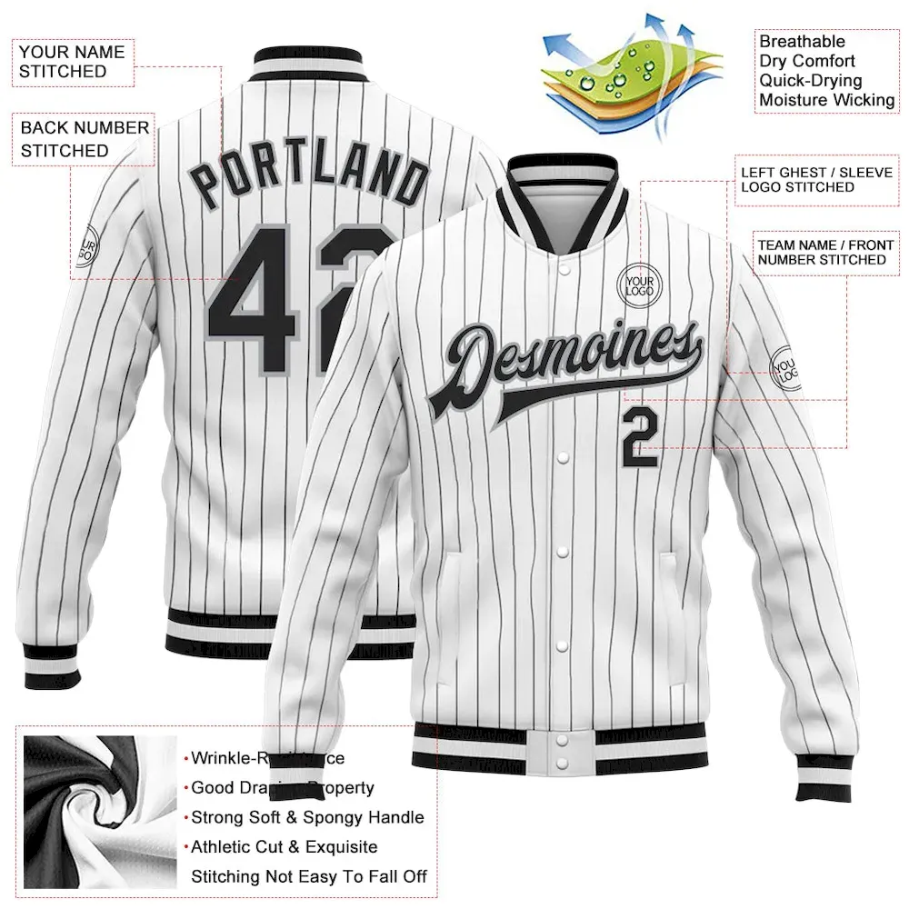 Custom White Black Pinstripe Black-Gray Bomber Full-Snap Varsity Letterman Jacket - Image 3