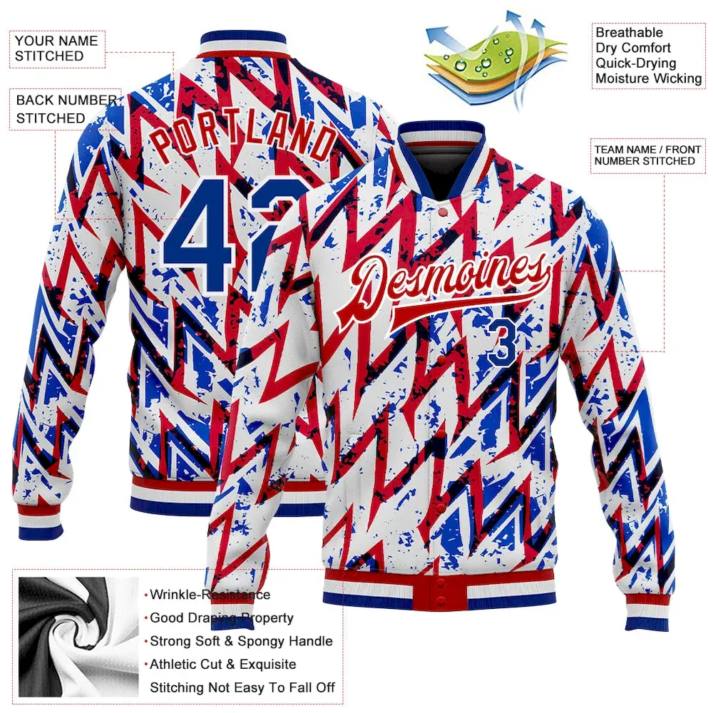 Custom White Royal-Red 3D Pattern Design Bomber Full-Snap Varsity Letterman Jacket - Image 3