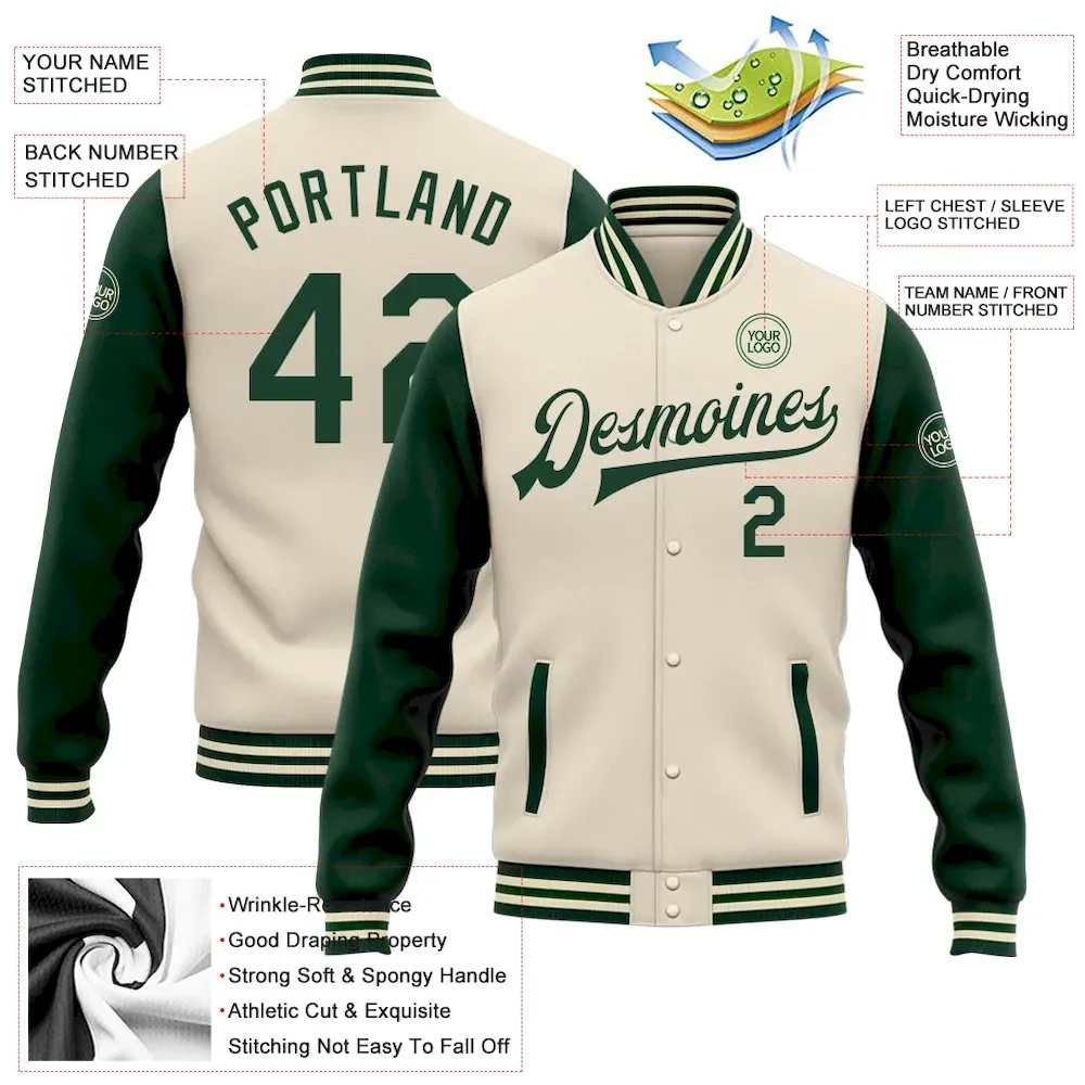 Custom Cream Green Bomber Full-Snap Varsity Letterman Two Tone Jacket - Image 3