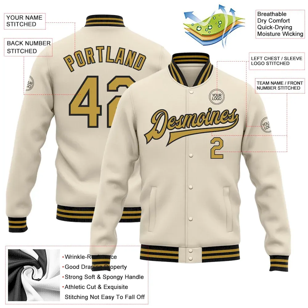 Custom Cream Old Gold-Black Bomber Full-Snap Varsity Letterman Jacket - Image 3