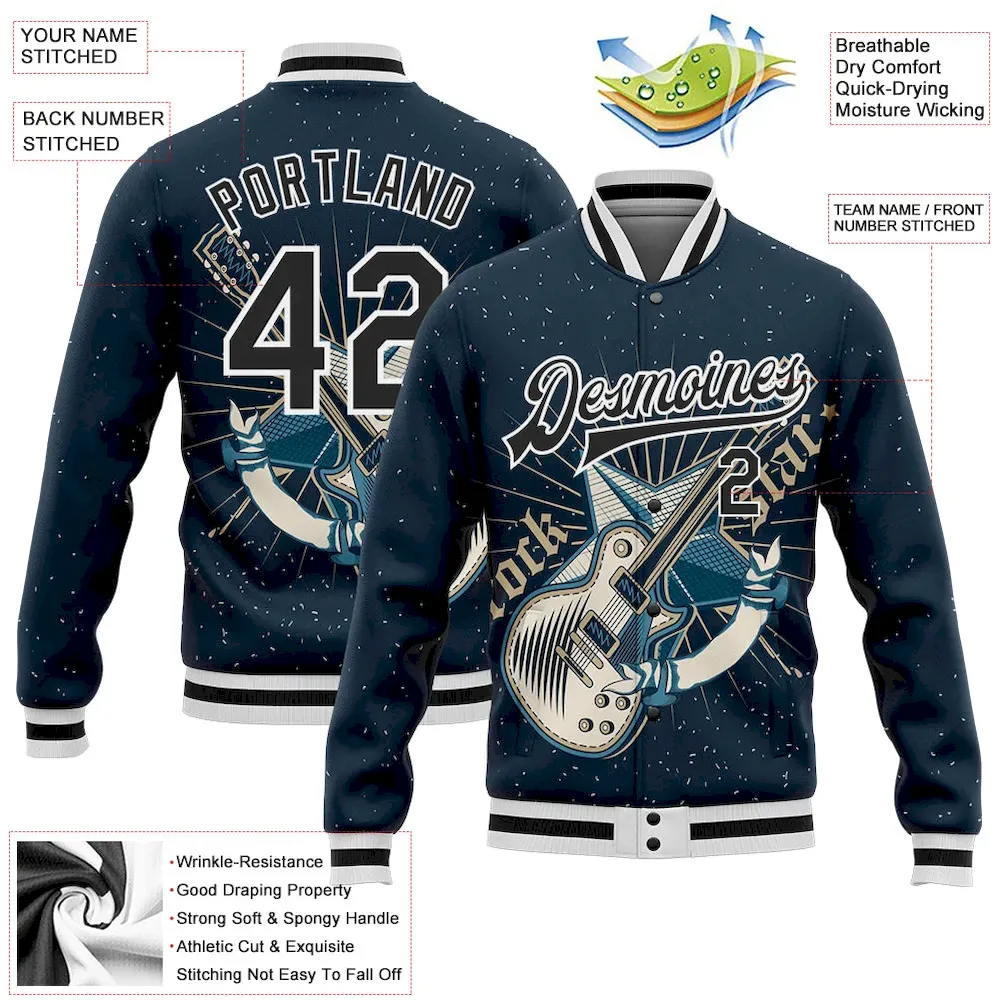 Custom Navy Black-White Guitar Rock Star Music Festival 3D Pattern Design Bomber Full-Snap Varsity Letterman Jacket - Image 3