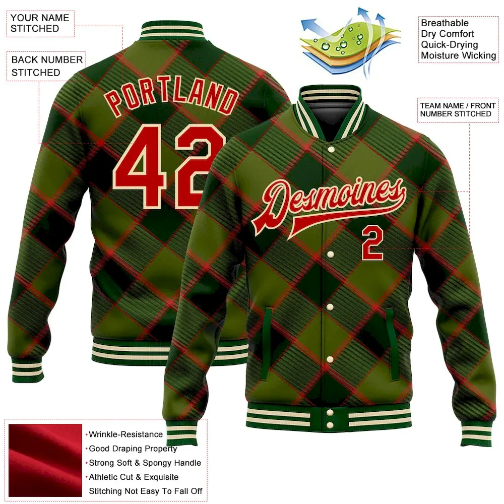 Custom Green Red-Cream Check Board 3D Pattern Design Bomber Full-Snap Varsity Letterman Jacket - Image 5