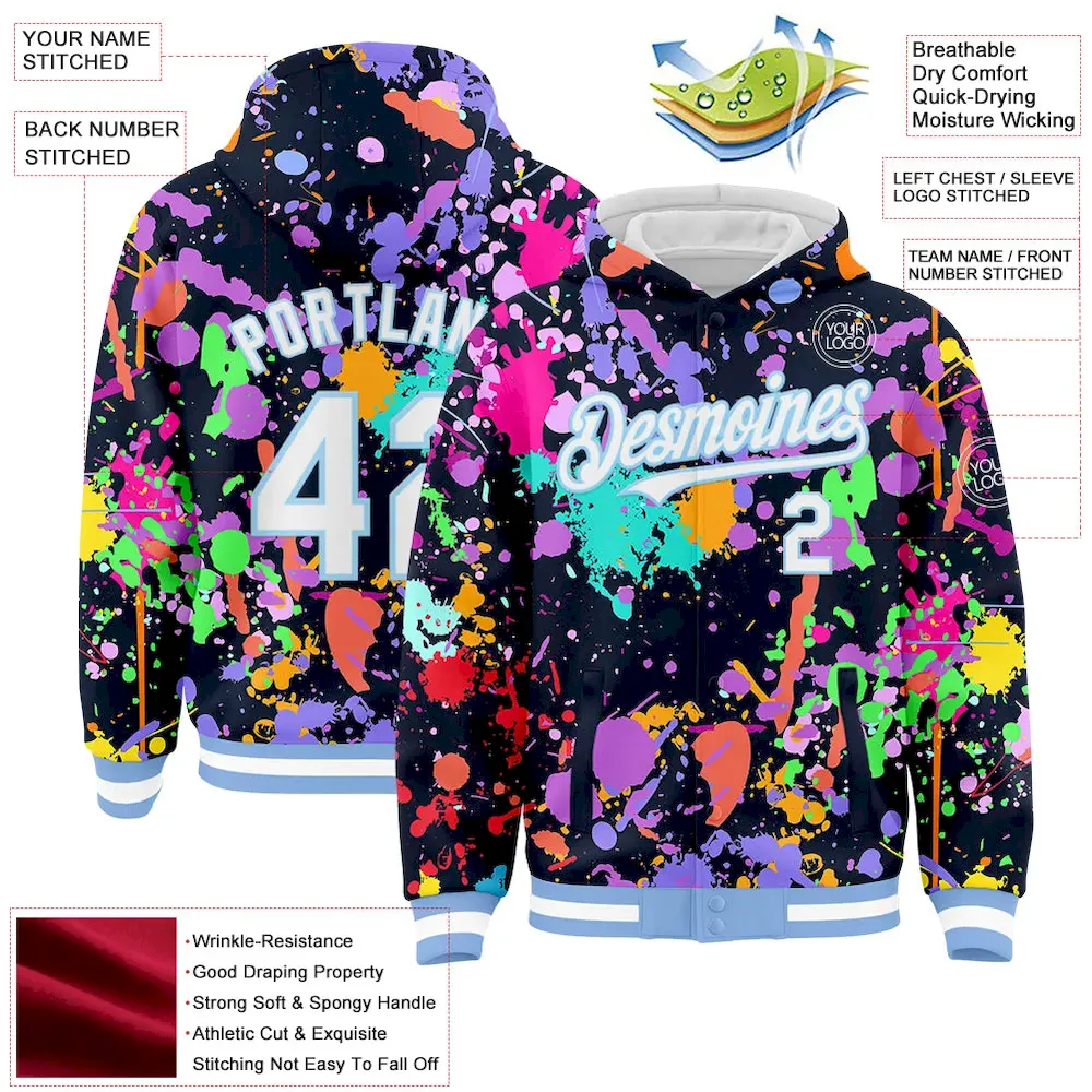 Custom Graffiti Pattern White-Light Blue Splash 3D Bomber Full-Snap Varsity Letterman Hoodie Jacket - Image 3