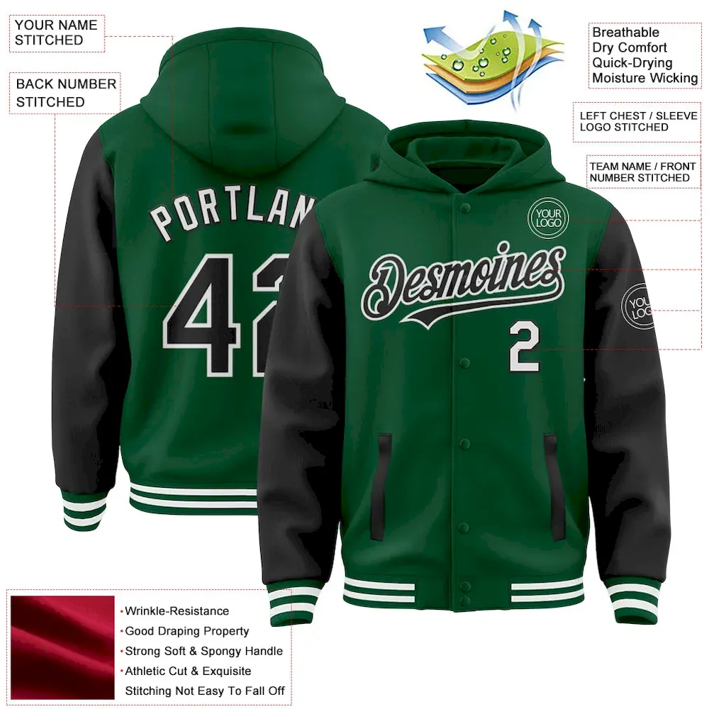Custom Kelly Green Black-White Bomber Full-Snap Varsity Letterman Two Tone Hoodie Jacket - Image 3