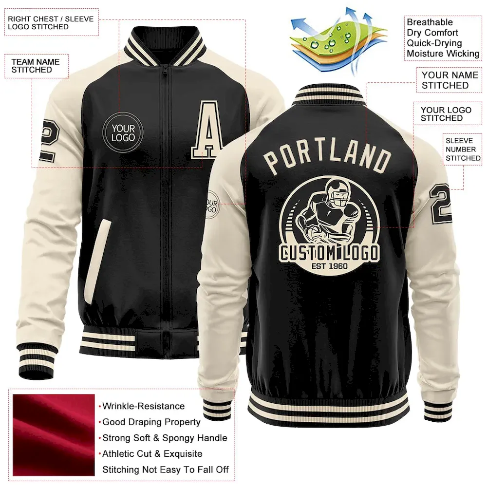 Custom Black Cream Bomber Varsity Letterman Two Tone Zipper Jacket - Image 3
