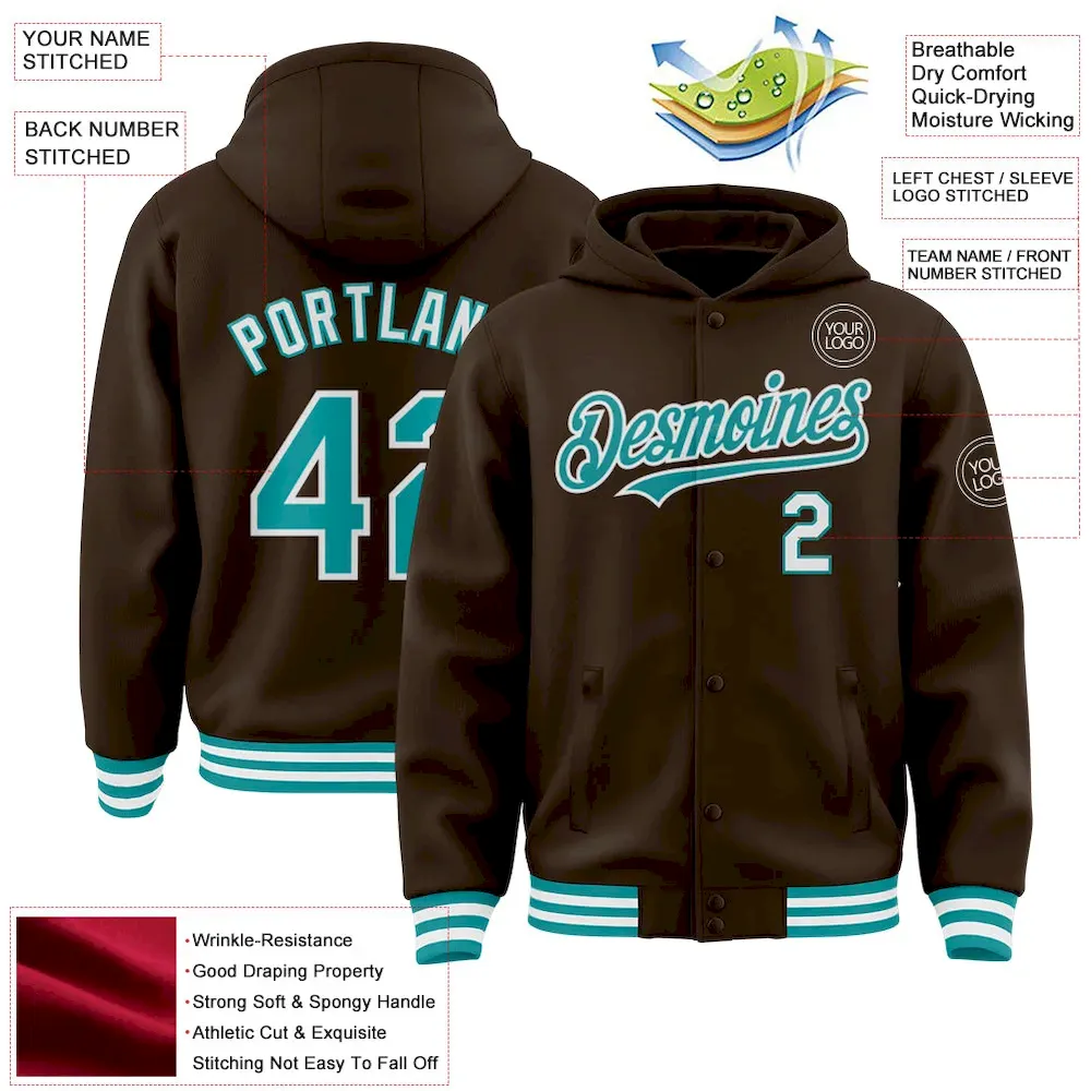 Custom Brown Teal-White Bomber Full-Snap Varsity Letterman Hoodie Jacket - Image 3