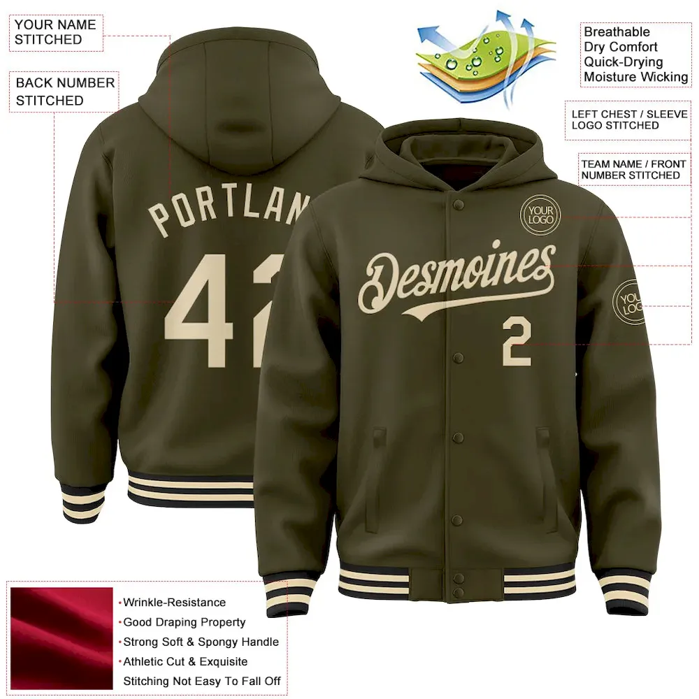Custom Olive Cream-Black Bomber Full-Snap Varsity Letterman Salute To Service Hoodie Jacket - Image 3