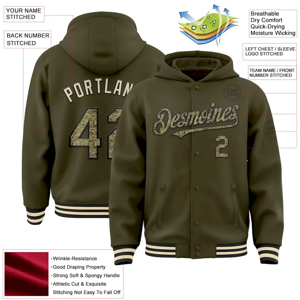 Custom Olive Camo Black-Cream Bomber Full-Snap Varsity Letterman Salute To Service Hoodie Jacket - Image 3