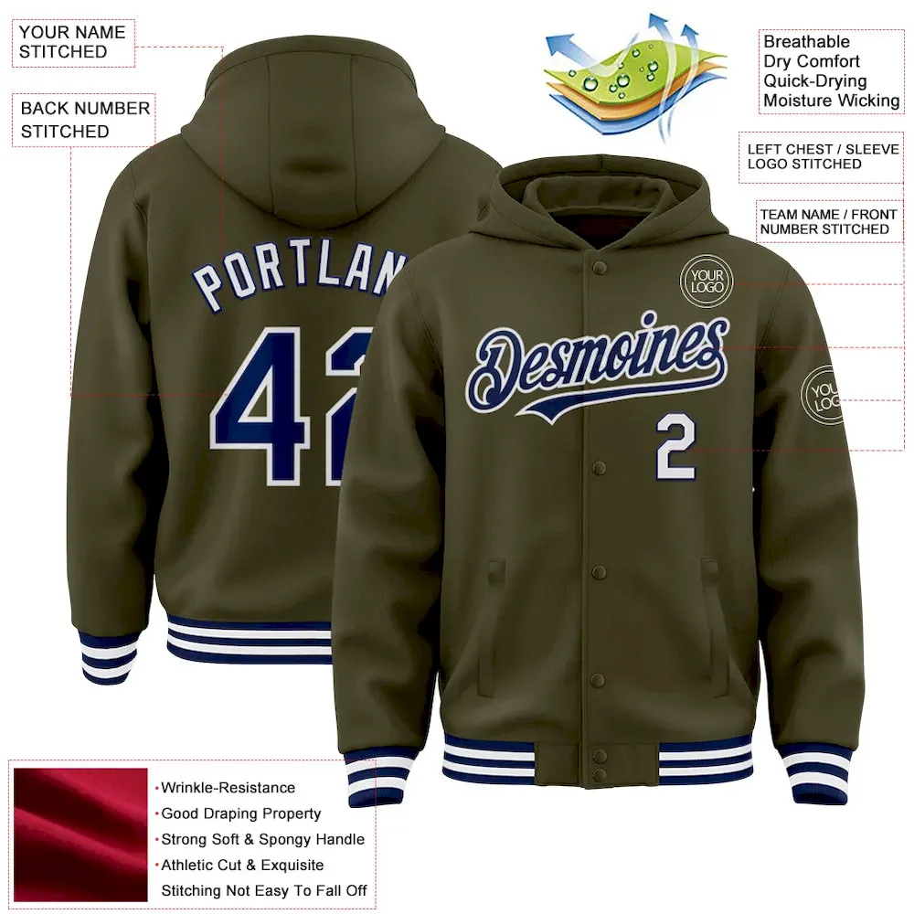 Custom Olive Navy-White Bomber Full-Snap Varsity Letterman Salute To Service Hoodie Jacket - Image 3