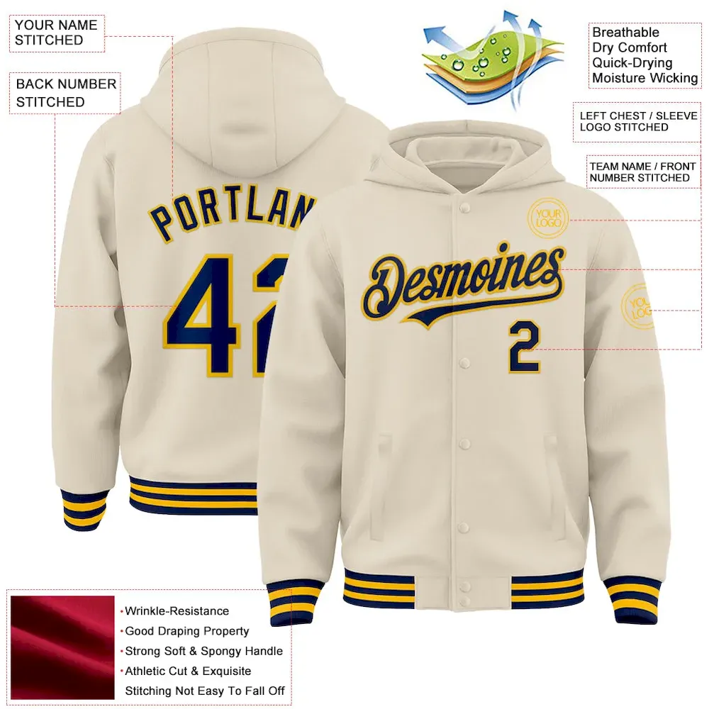 Custom Cream Navy-Gold Bomber Full-Snap Varsity Letterman Hoodie Jacket - Image 3