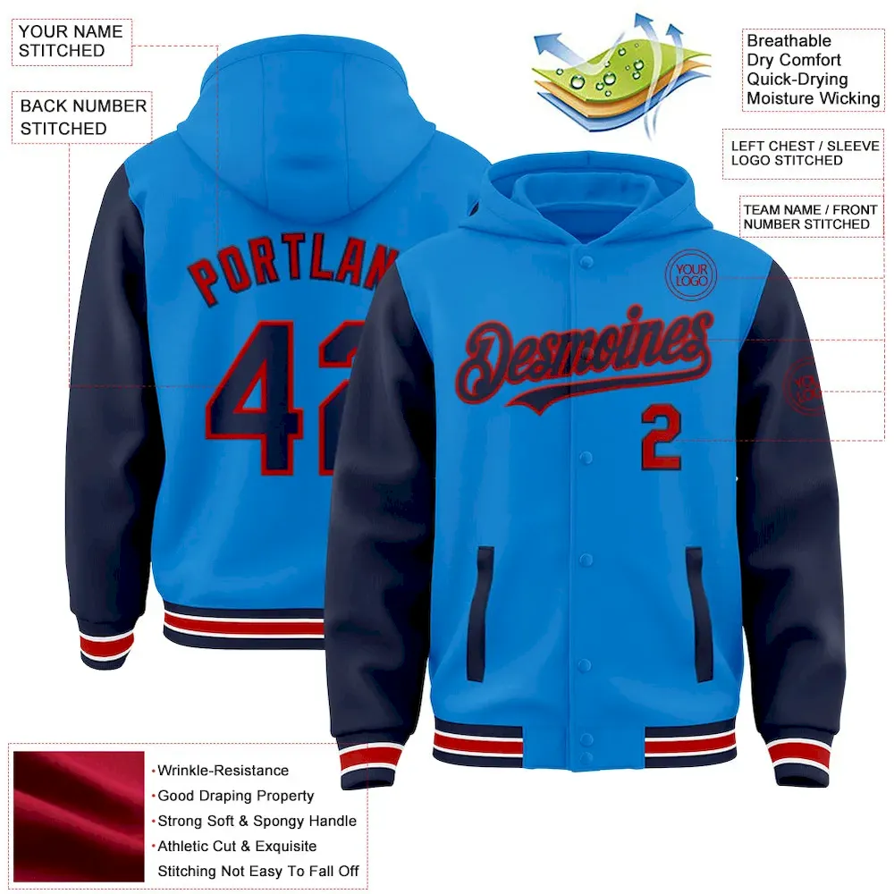 Custom Powder Blue Navy-Red Bomber Full-Snap Varsity Letterman Two Tone Hoodie Jacket - Image 3