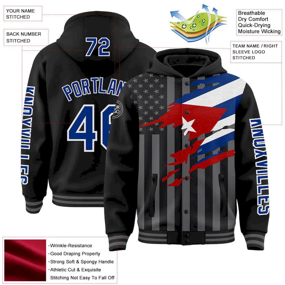 Custom Black Royal-Gray Cuba Cuban Flag 3D Bomber Full-Snap Varsity Letterman Hoodie Jacket - Image 3