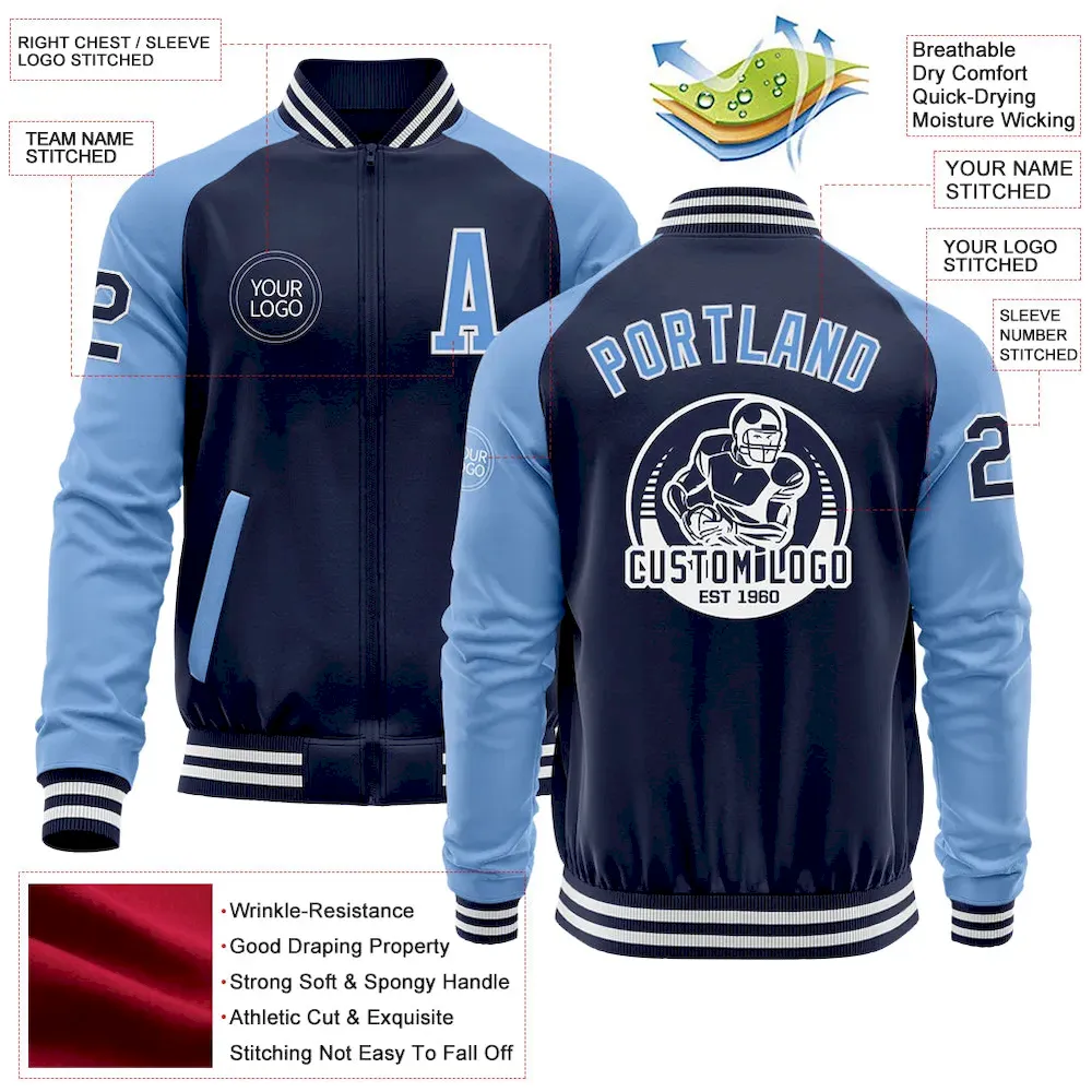 Custom Navy Light Blue-White Bomber Varsity Letterman Two Tone Zipper Jacket - Image 3