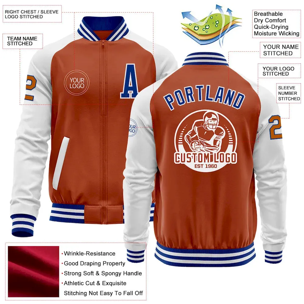 Custom Texas Orange Royal-White Bomber Varsity Letterman Two Tone Zipper Jacket - Image 3