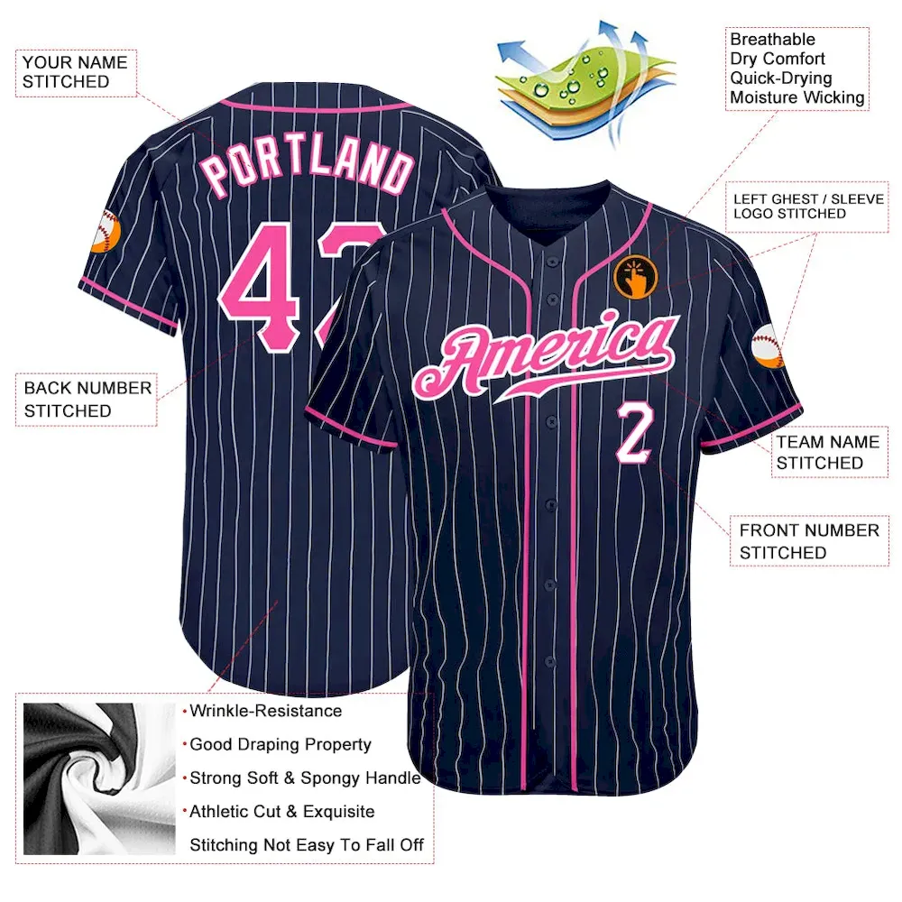 Custom Navy White Pinstripe Pink-White Authentic Baseball Jersey - Image 3