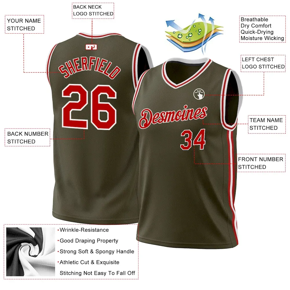 Custom Olive Red-White Authentic Throwback Salute To Service Basketball Jersey - Image 3