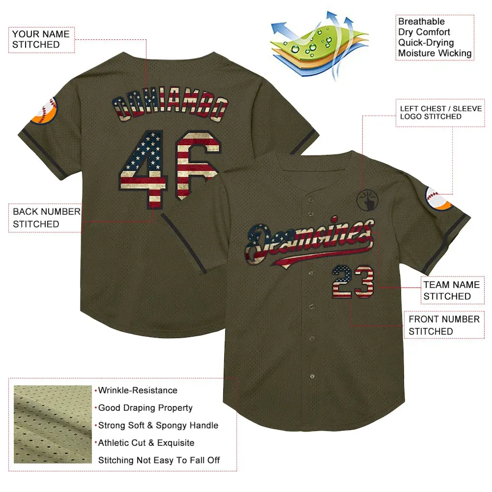 Custom Olive Vintage USA Flag-Black Mesh Authentic Throwback Salute To Service Baseball Jersey - Image 3