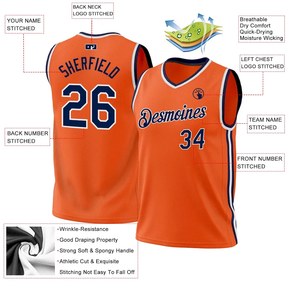 Custom Orange Navy-White Authentic Throwback Basketball Jersey - Image 3