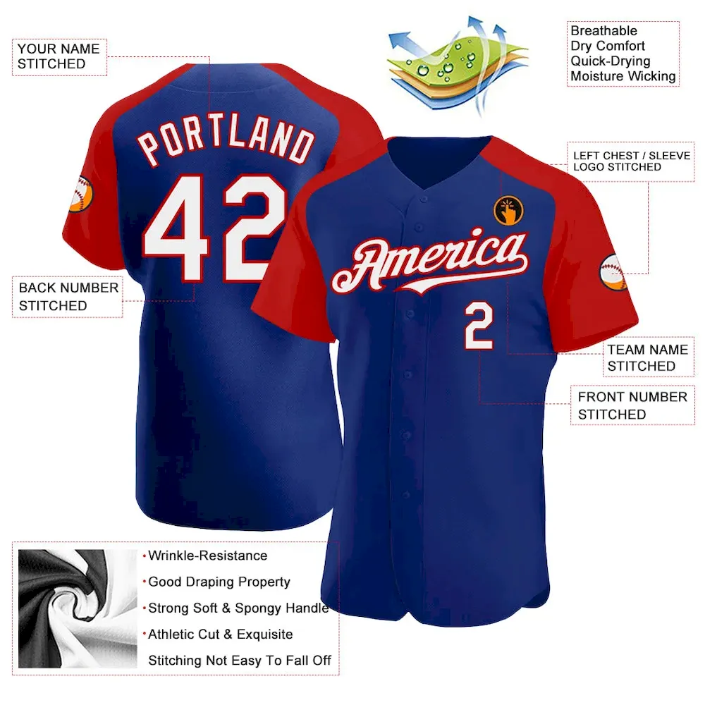 Custom Royal White-Red Authentic Raglan Sleeves Baseball Jersey - Image 3