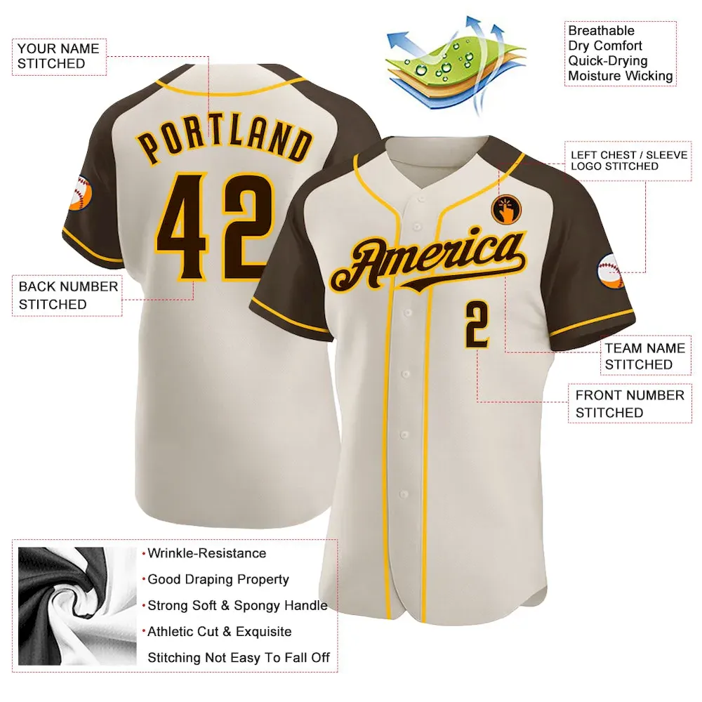 Custom Cream Brown-Gold Authentic Raglan Sleeves Baseball Jersey - Image 3