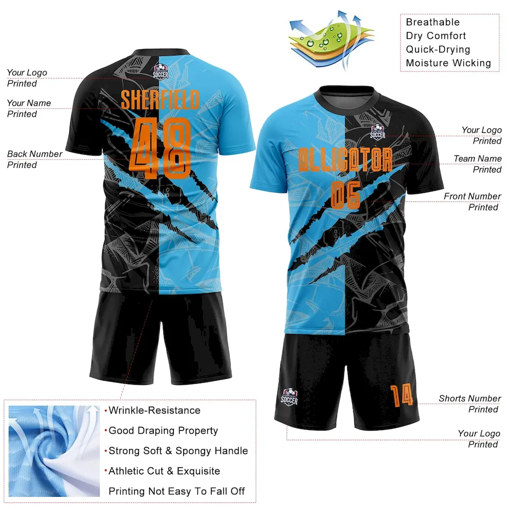 Custom Graffiti Pattern Bay Orange Black-Sky Blue Scratch Sublimation Soccer Uniform Jersey - Image 4